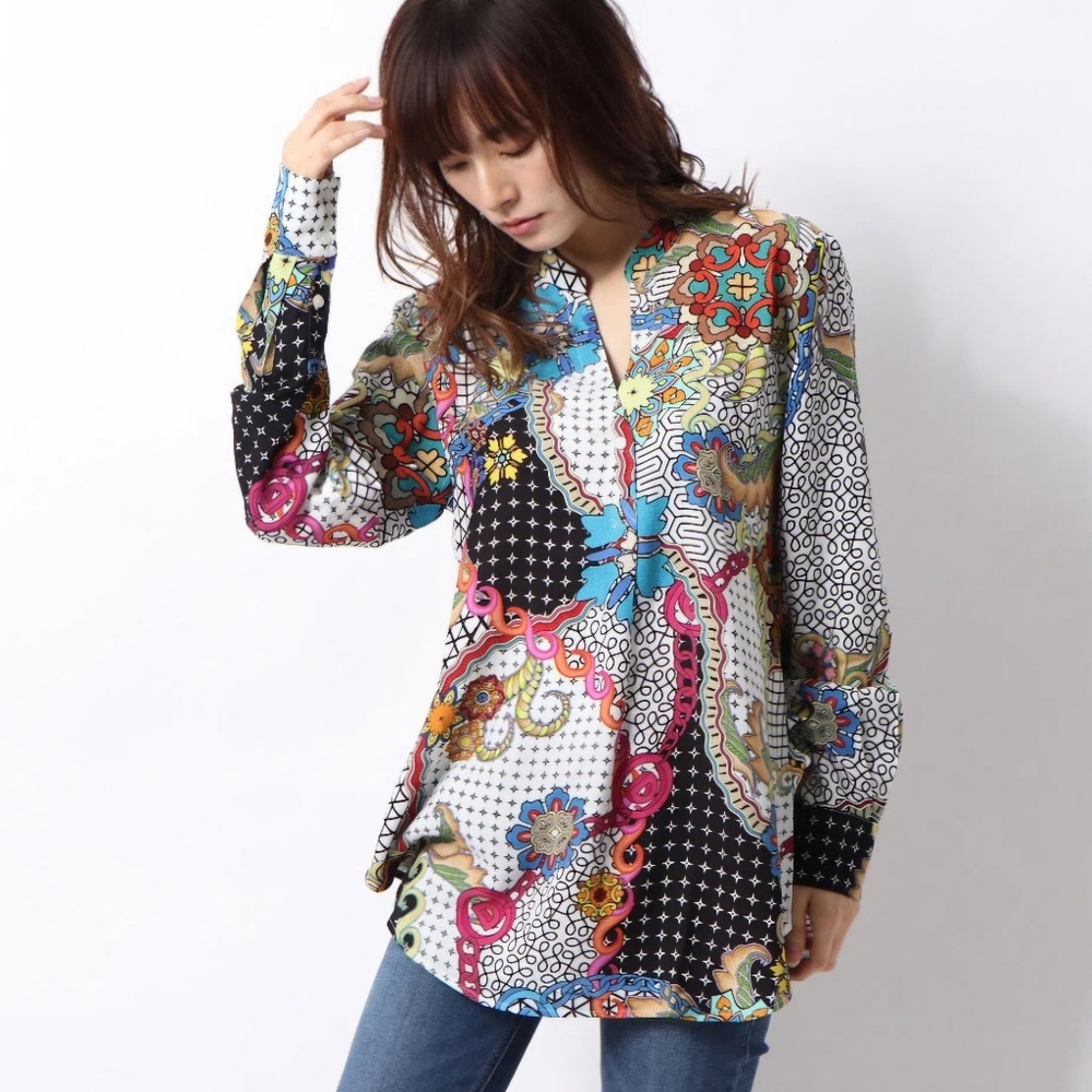 Desigual Womens Multicolor Printed Viscose Long Sleeve Popover Shirt Size Medium
